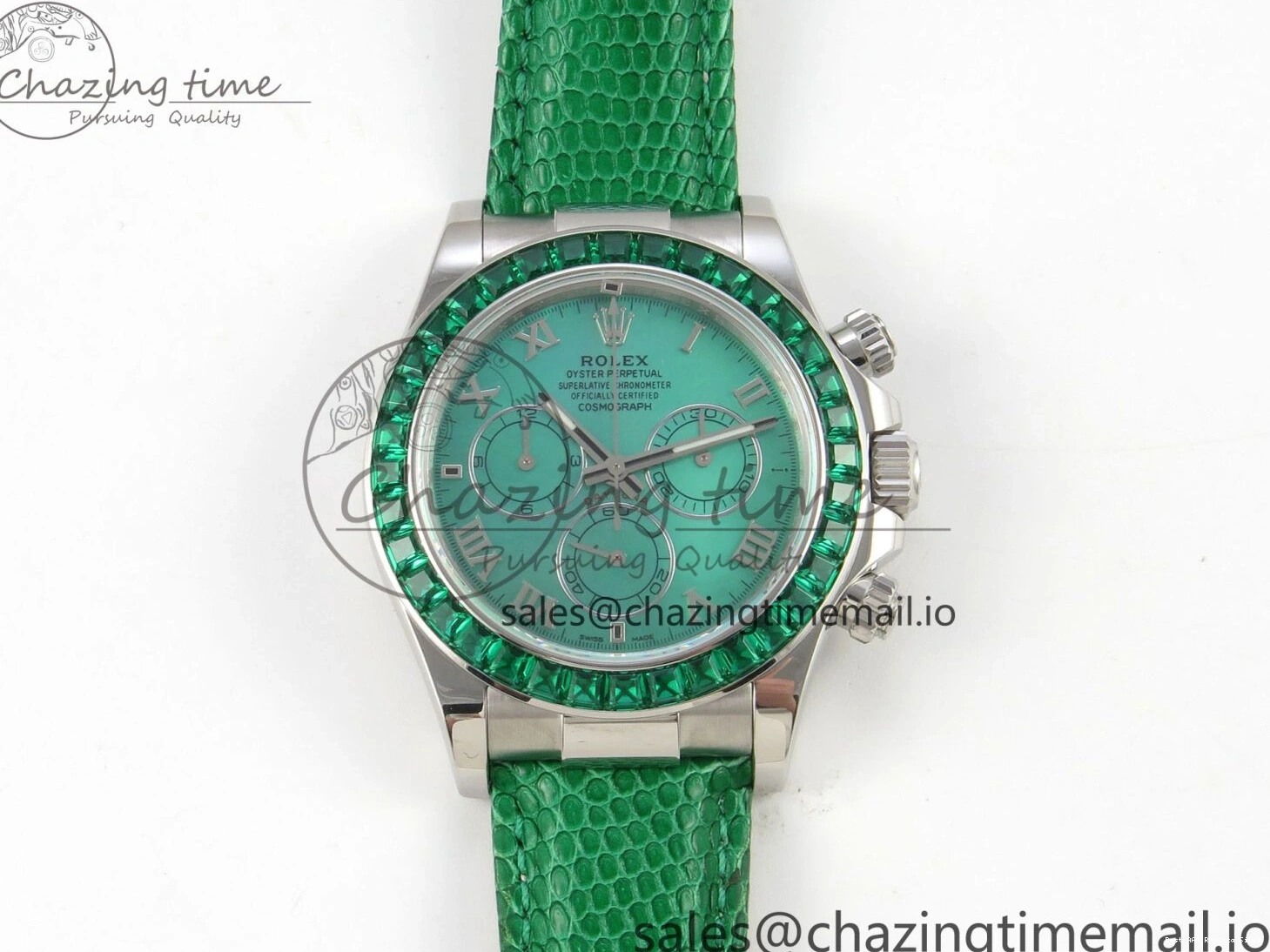 Good Copy Rolex Watches Diamonds Green MPF 40mm Bezel Green Leather 326 Custom Strap Dial FreshLook Modded Daytona on SA 0110